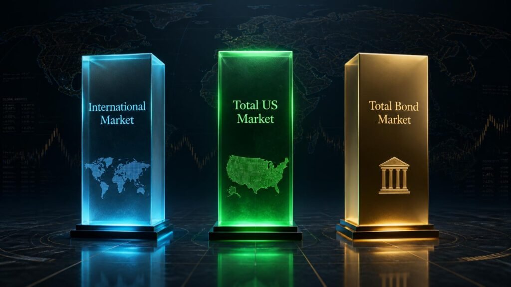 The Bogleheads 3-fund portfolio concept visual showing US stocks, international stocks, and total bond market pillars