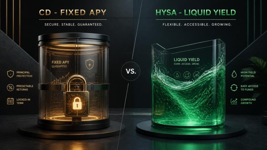CD vs HYSA comparison graphic displaying a locked fixed APY certificate of deposit alongside a liquid high yield savings account