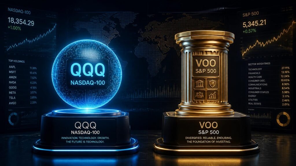 QQQ vs VOO ETF comparison visual showing tech growth vs S&P 500