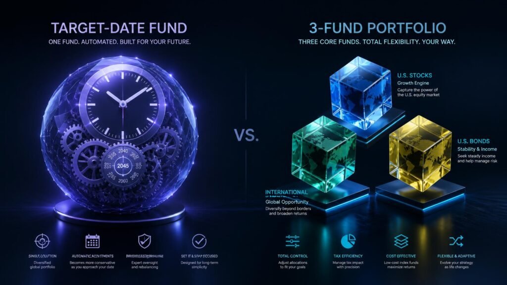 Target date fund vs 3 fund portfolio visual showing automated lifecycle investing versus modular 3 fund indexing