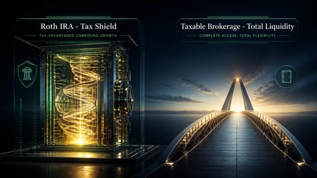 Taxable brokerage vs Roth IRA comparison graphic illustrating tax shield compounding against liquid flexibility