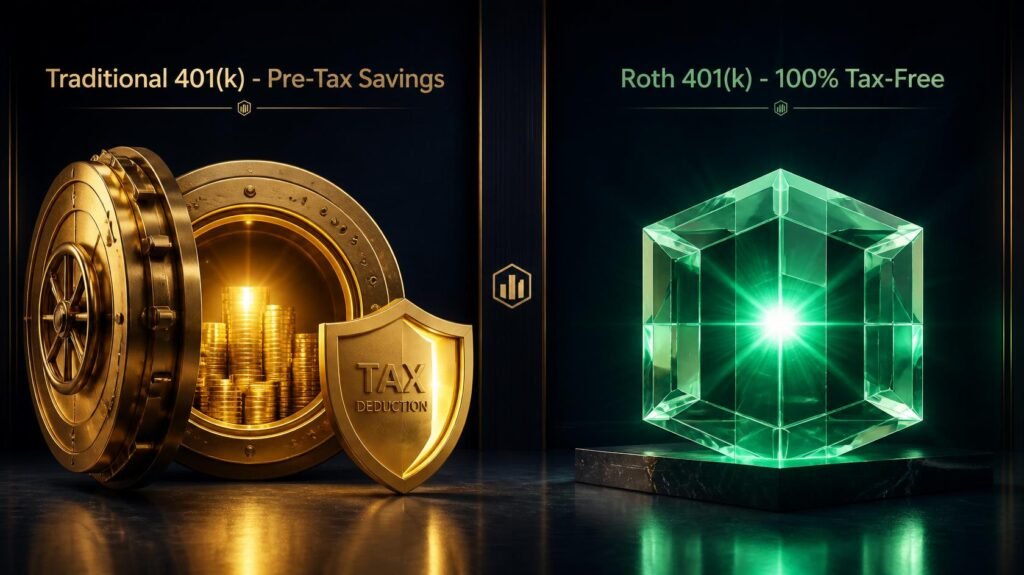 Traditional 401k vs Roth 401k comparison graphic showing pre-tax deductions versus tax-free retirement growth