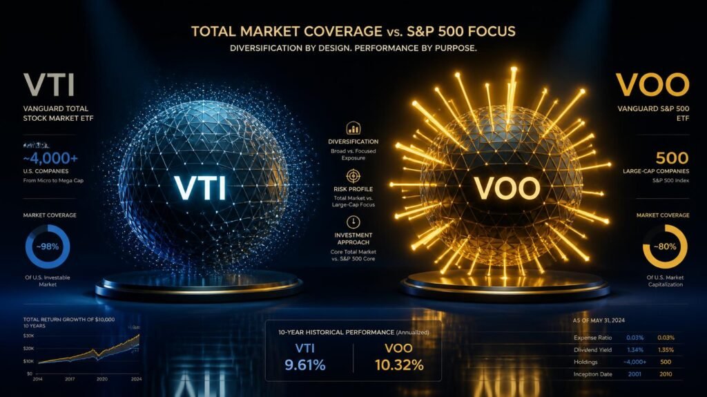 VTI vs VOO Vanguard index fund comparison graphic